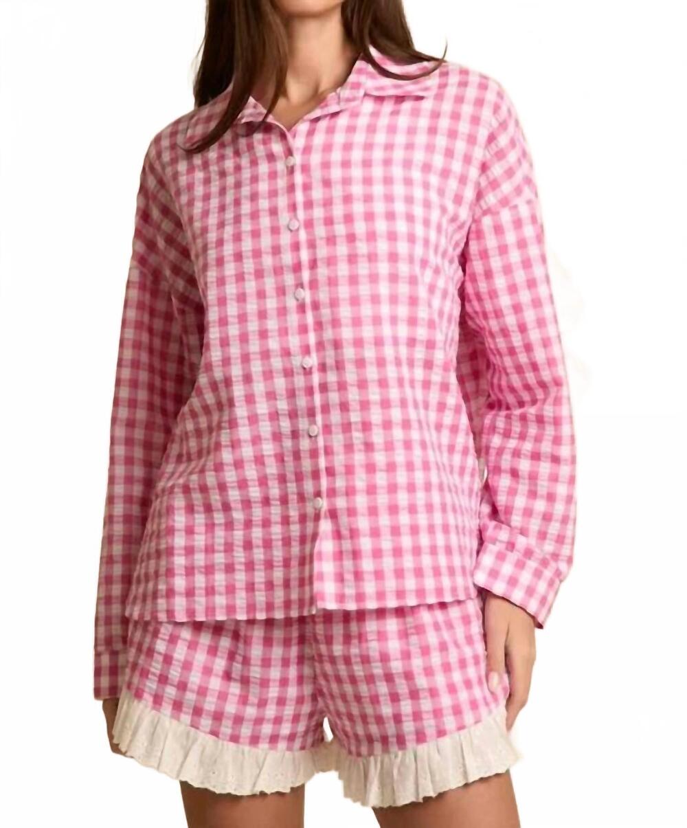NEW FANTASTIC FAWN stay the night gingham set top in pink